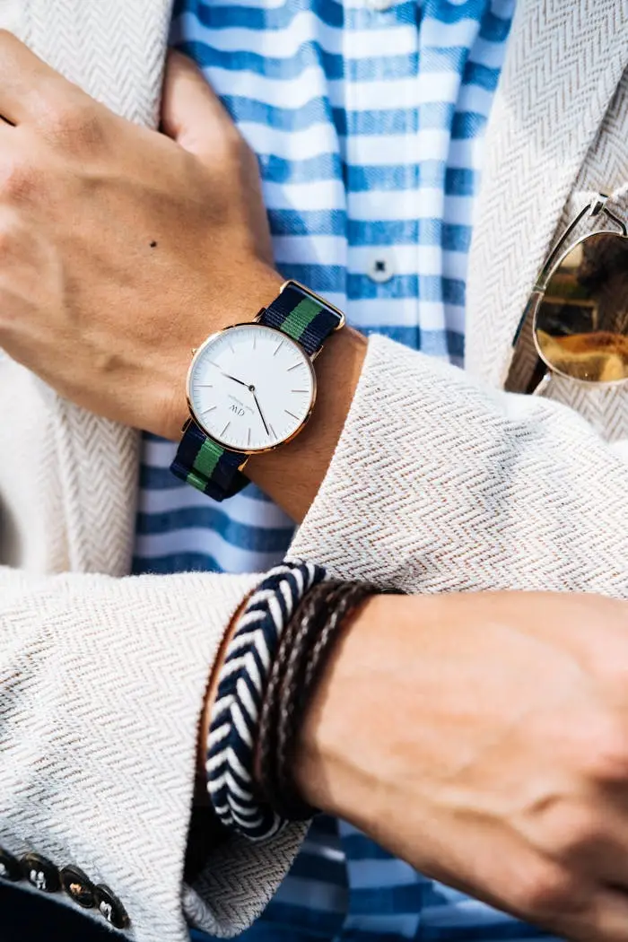 heros-img Close-up of a fashionable man's wrist showcasing a striped watch and bracelets.